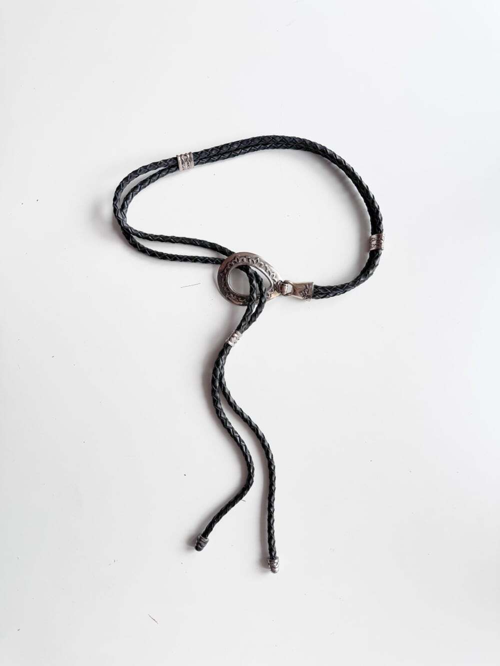Vintage Black Leather Braided Silver Chain Rope Belt, One Size